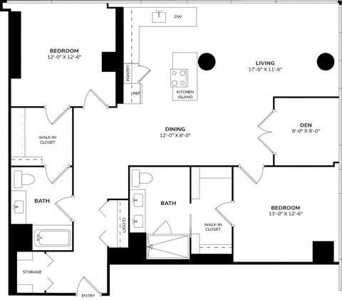 Floor plan for 2 beds, 2 baths, 1445 sqft